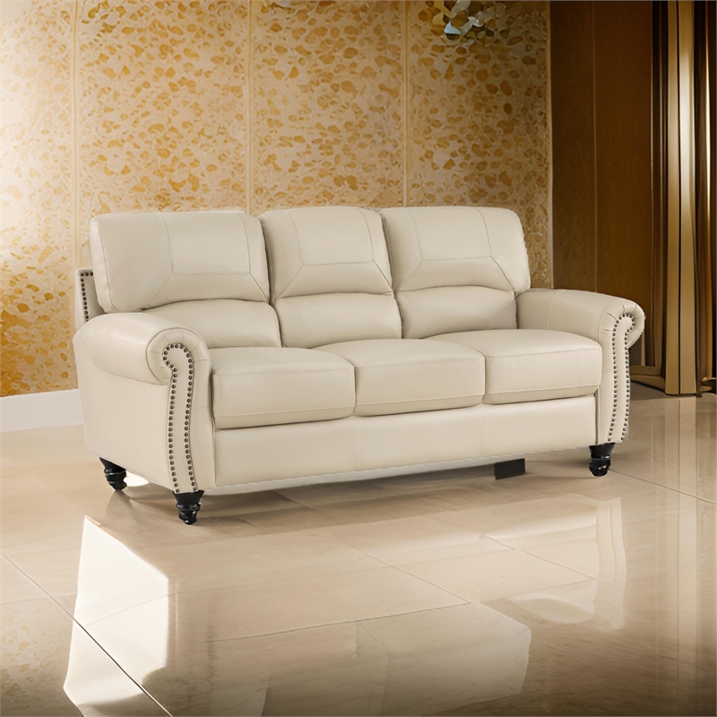 Kia 84 Inch Sofa- Cream Top Grain and Faux Leather- Brown Solid Wood
