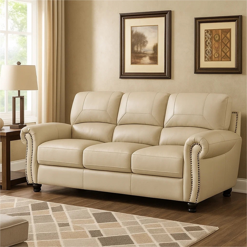 Kia 84 Inch Sofa- Cream Top Grain and Faux Leather- Brown Solid Wood