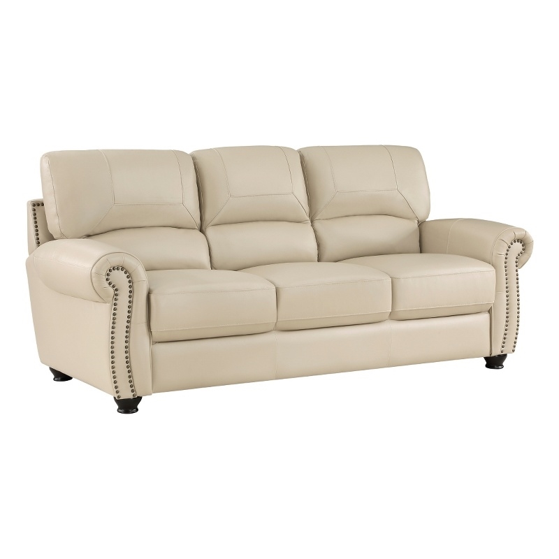 Kia 84 Inch Sofa- Cream Top Grain and Faux Leather- Brown Solid Wood