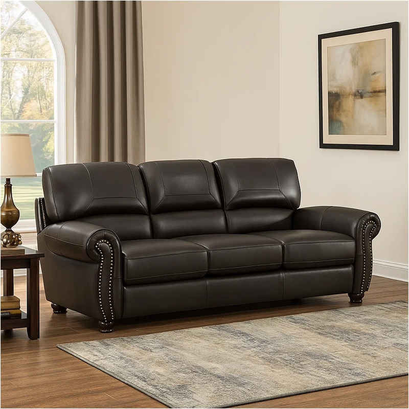 Kia 84 Inch Sofa- Dark Brown Top Grain and Faux Leather- Solid Wood