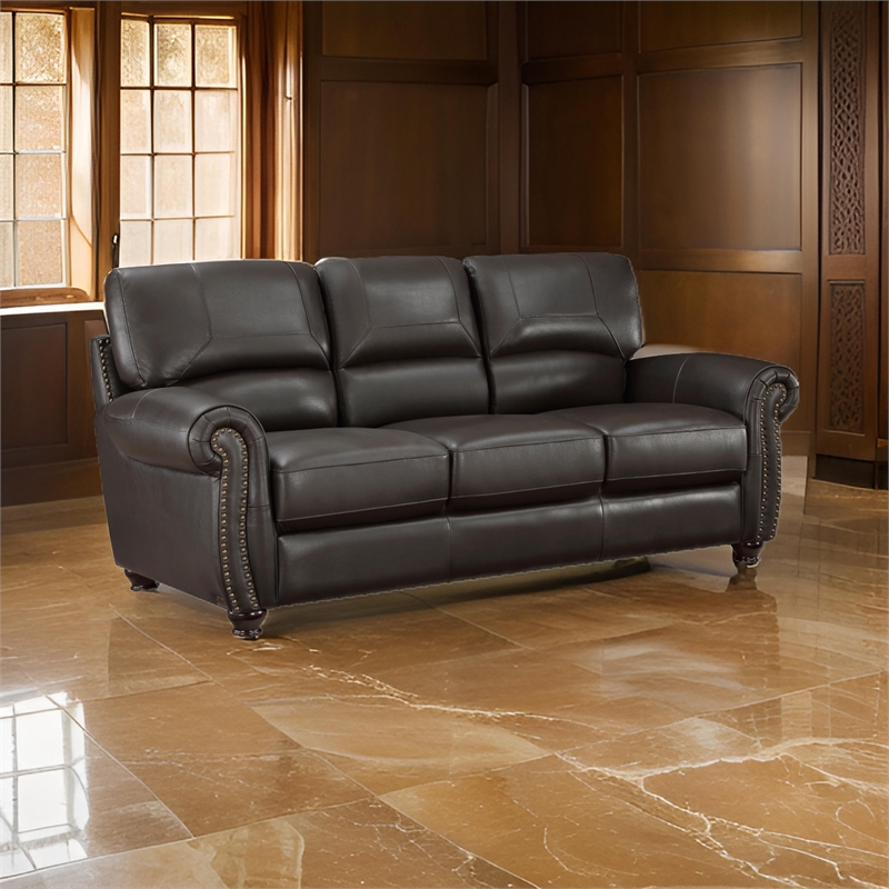 Kia 84 Inch Sofa- Dark Brown Top Grain and Faux Leather- Solid Wood