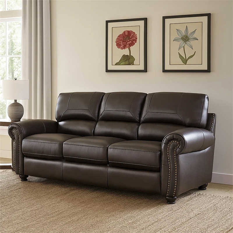 Kia 84 Inch Sofa- Dark Brown Top Grain and Faux Leather- Solid Wood