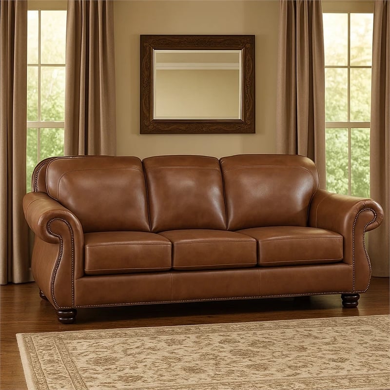 Boro 85 Inch Sofa- Rich Brown Top Grain and Faux Leather- Solid Wood