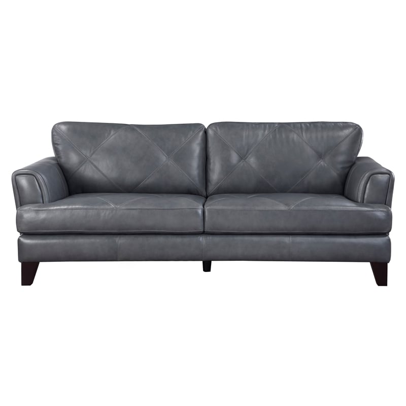Lisa 88 Inch Sofa- Gray Top Grain and Split Leather- Brown Solid Wood