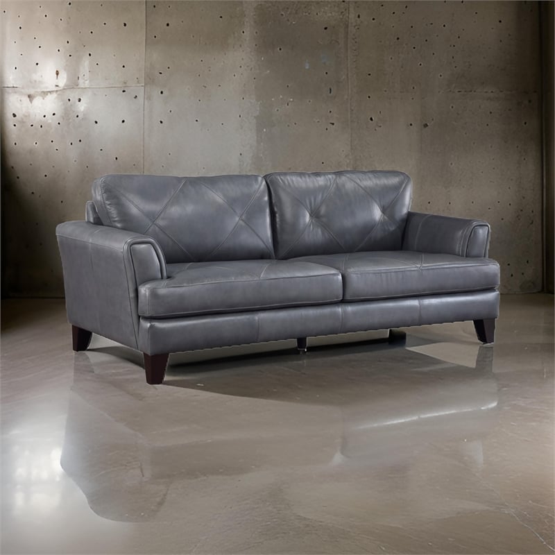 Lisa 88 Inch Sofa- Gray Top Grain and Split Leather- Brown Solid Wood