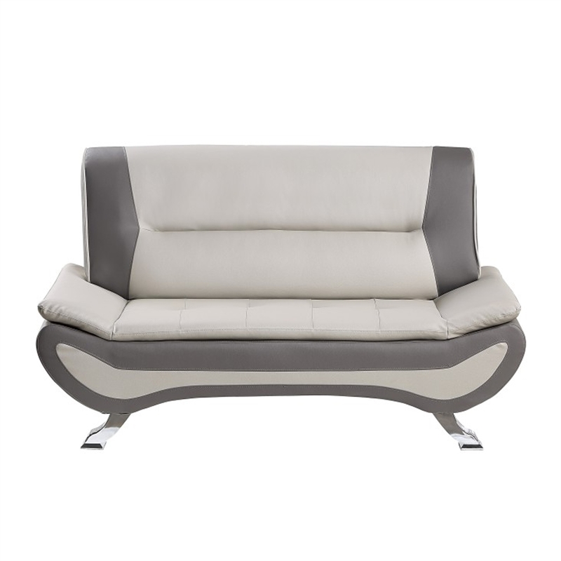 Elle 64 Inch Loveseat- Beige- Gray Faux Leather- Metal Legs- Solid Wood