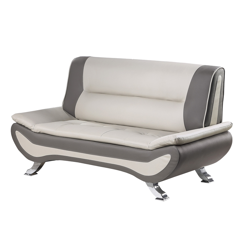 Elle 64 Inch Loveseat- Beige- Gray Faux Leather- Metal Legs- Solid Wood