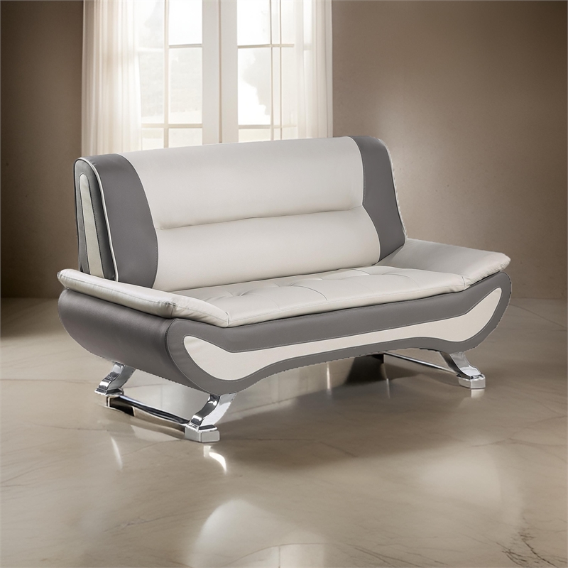 Elle 64 Inch Loveseat- Beige- Gray Faux Leather- Metal Legs- Solid Wood
