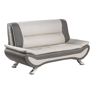 Elle 64 Inch Loveseat- Beige- Gray Faux Leather- Metal Legs- Solid Wood