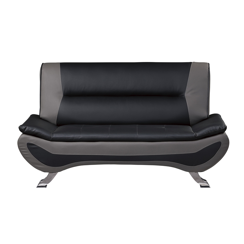 Elle 64 Inch Loveseat- Black- Gray Faux Leather- Metal Legs- Solid Wood