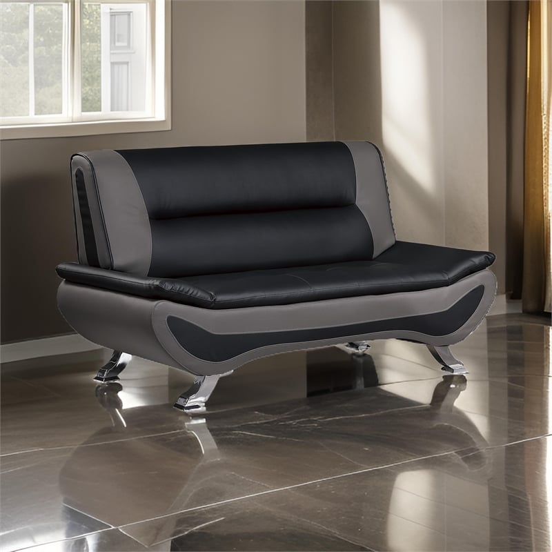 Elle 64 Inch Loveseat- Black- Gray Faux Leather- Metal Legs- Solid Wood