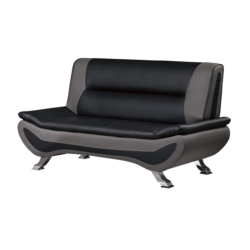 Elle 64 Inch Loveseat- Black- Gray Faux Leather- Metal Legs- Solid Wood