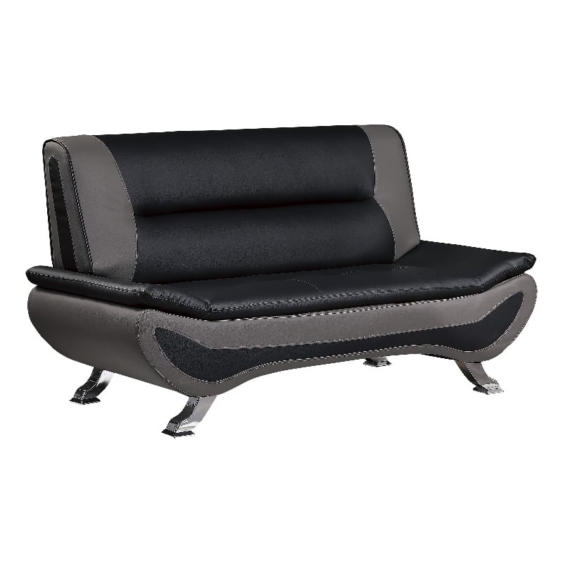 Elle 64 Inch Loveseat- Black- Gray Faux Leather- Metal Legs- Solid Wood