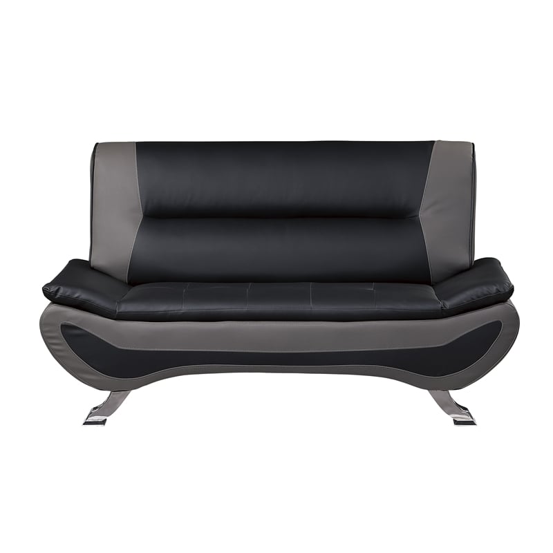 Elle 64 Inch Loveseat- Black- Gray Faux Leather- Metal Legs- Solid Wood