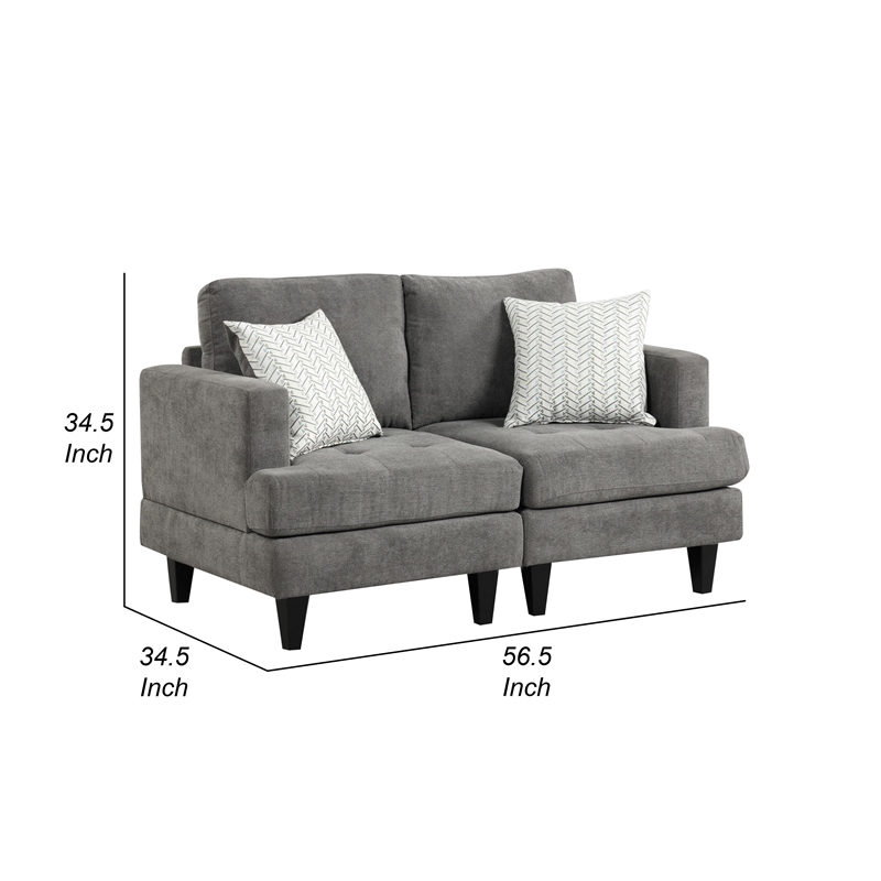 Lae 57 Inch Loveseat with 2 Throw Pillows- Tufted- Gray Chenille Upholstery