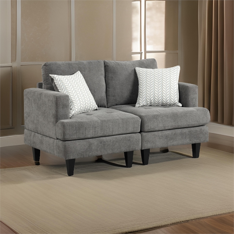 Lae 57 Inch Loveseat with 2 Throw Pillows- Tufted- Gray Chenille Upholstery