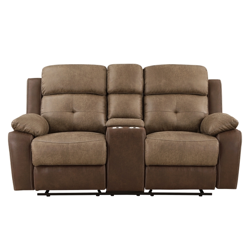 Emma 73 Inch Double Manual Recliner Loveseat- Brown Microfiber- Solid Wood