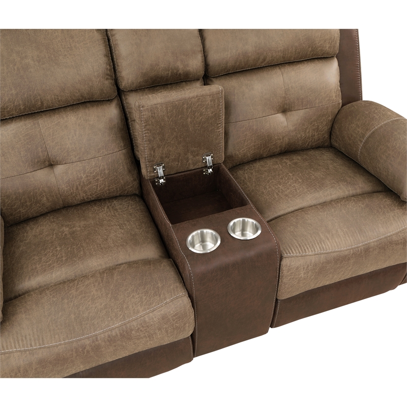 Emma 73 Inch Double Manual Recliner Loveseat- Brown Microfiber- Solid Wood