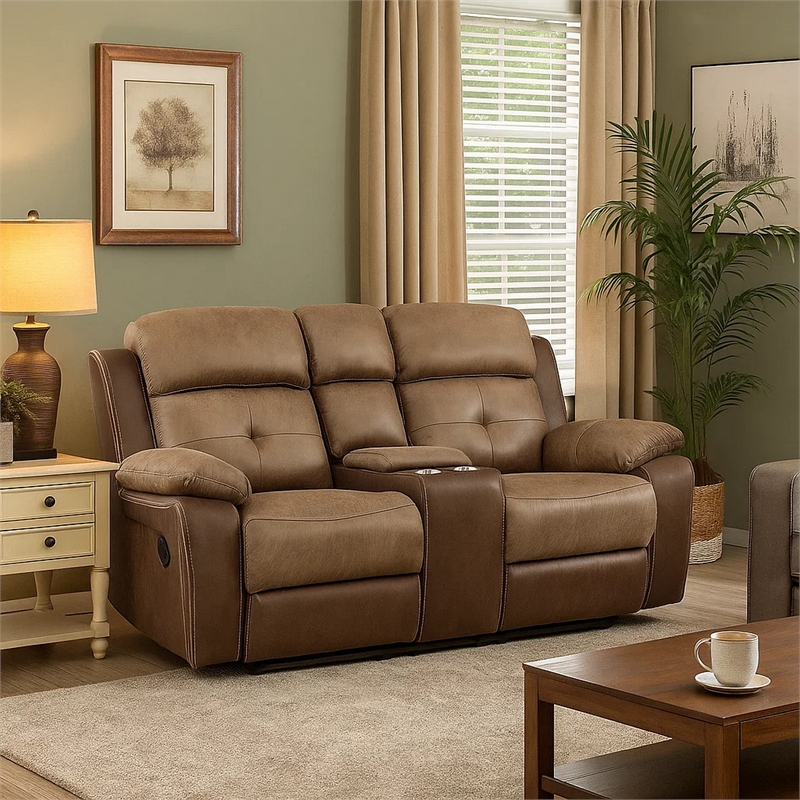 Emma 73 Inch Double Manual Recliner Loveseat- Brown Microfiber- Solid Wood