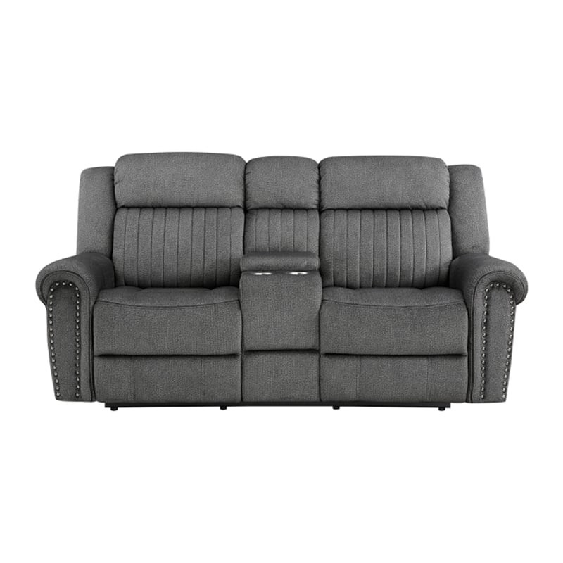 Ben 76 Inch Power Double Recliner Loveseat- Gray Microfiber- Console- Cupholders
