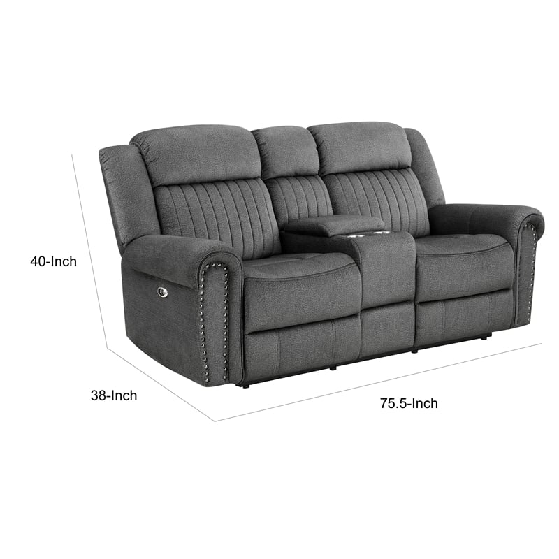 Ben 76 Inch Power Double Recliner Loveseat- Gray Microfiber- Console- Cupholders