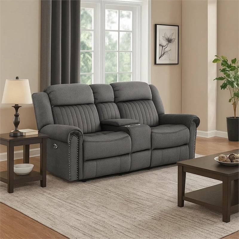 Ben 76 Inch Power Double Recliner Loveseat- Gray Microfiber- Console- Cupholders