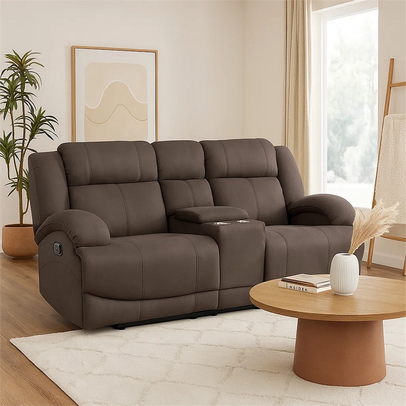 Kate 71 Inch Double Manual Recliner Loveseat- Center Console- Brown Fabric