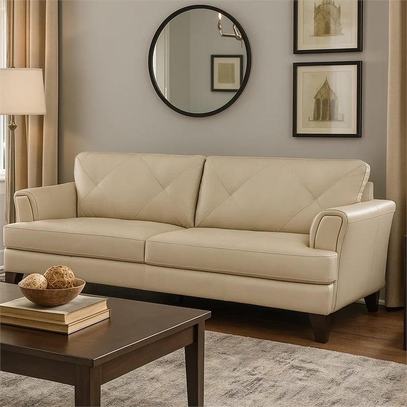 Lisa 88 Inch Sofa- Cream Top Grain and Split Leather- Brown Solid Wood
