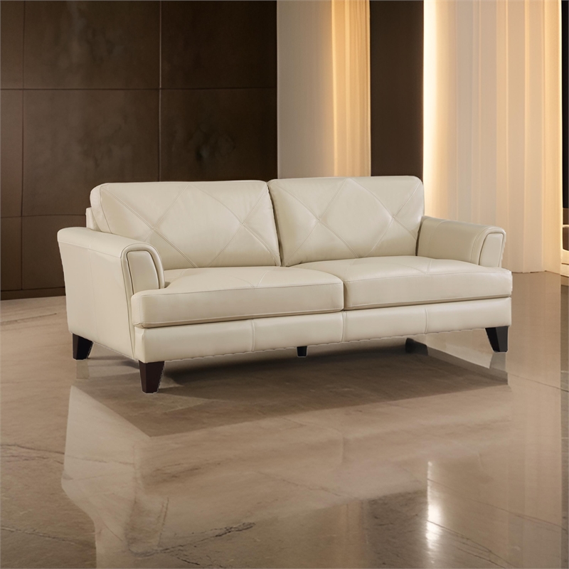 Lisa 88 Inch Sofa- Cream Top Grain and Split Leather- Brown Solid Wood