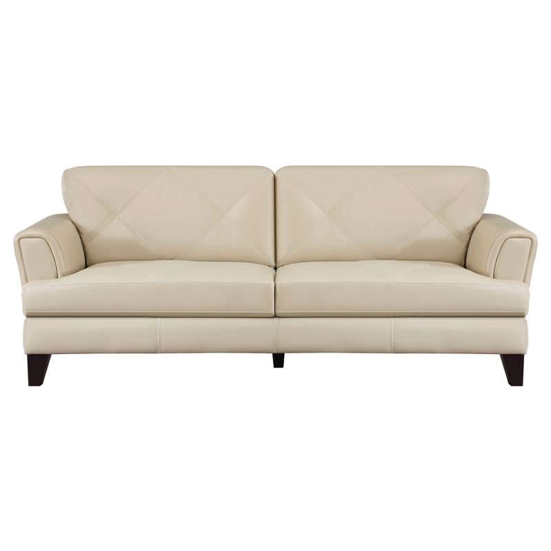 Lisa 88 Inch Sofa- Cream Top Grain and Split Leather- Brown Solid Wood