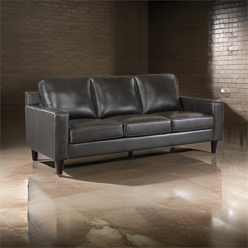 Richie 83 Inch Sofa- Gray Top Grain and Faux Leather- Brown Solid Wood