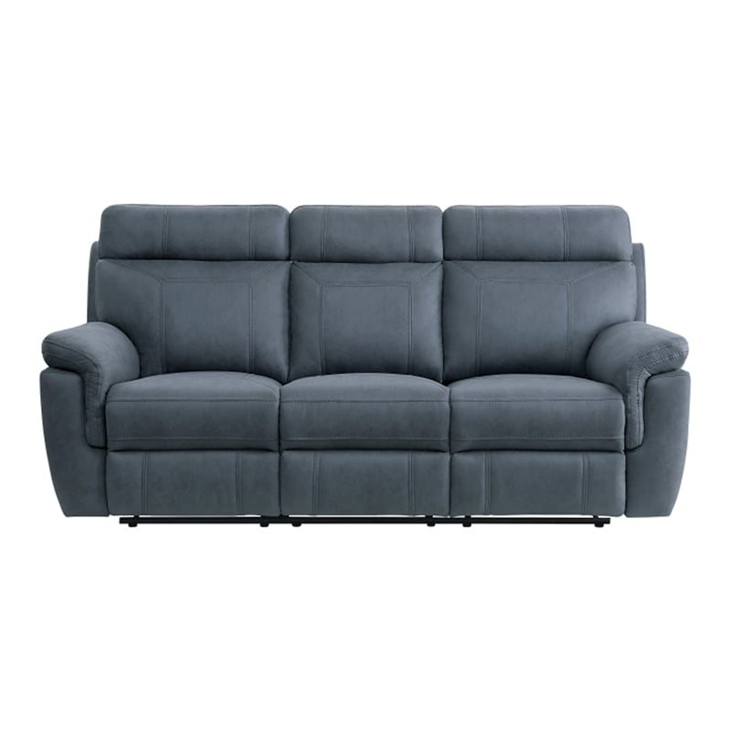 Cliff 85 Inch Manual Reclining Sofa- Blue Microfiber- Solid Wood- Metal