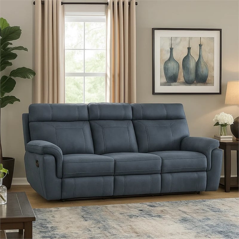 Cliff 85 Inch Manual Reclining Sofa- Blue Microfiber- Solid Wood- Metal