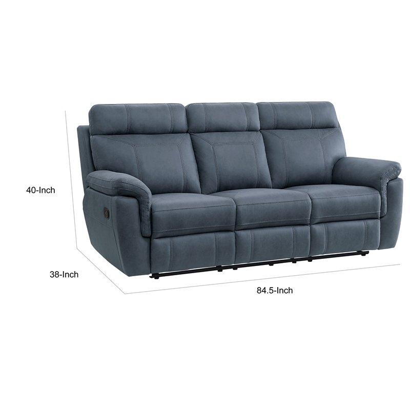 Cliff 85 Inch Manual Reclining Sofa- Blue Microfiber- Solid Wood- Metal