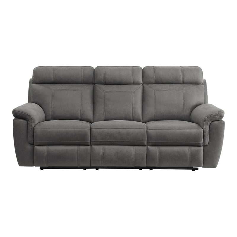 Cliff 84 Inch Manual Reclining Sofa- Gray Microfiber- Solid Wood- Metal
