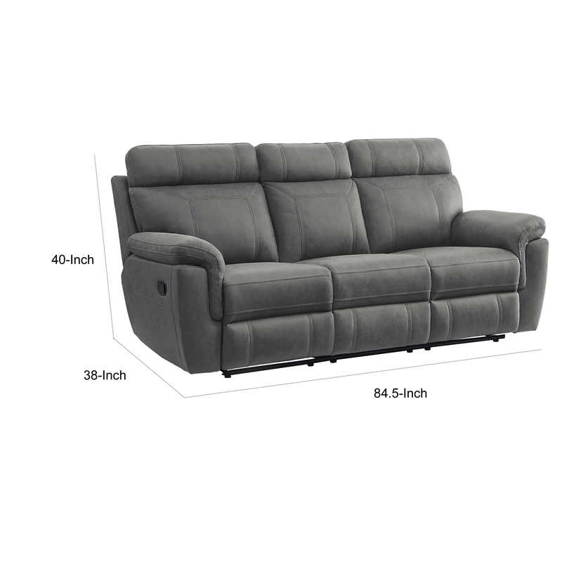 Cliff 84 Inch Manual Reclining Sofa- Gray Microfiber- Solid Wood- Metal