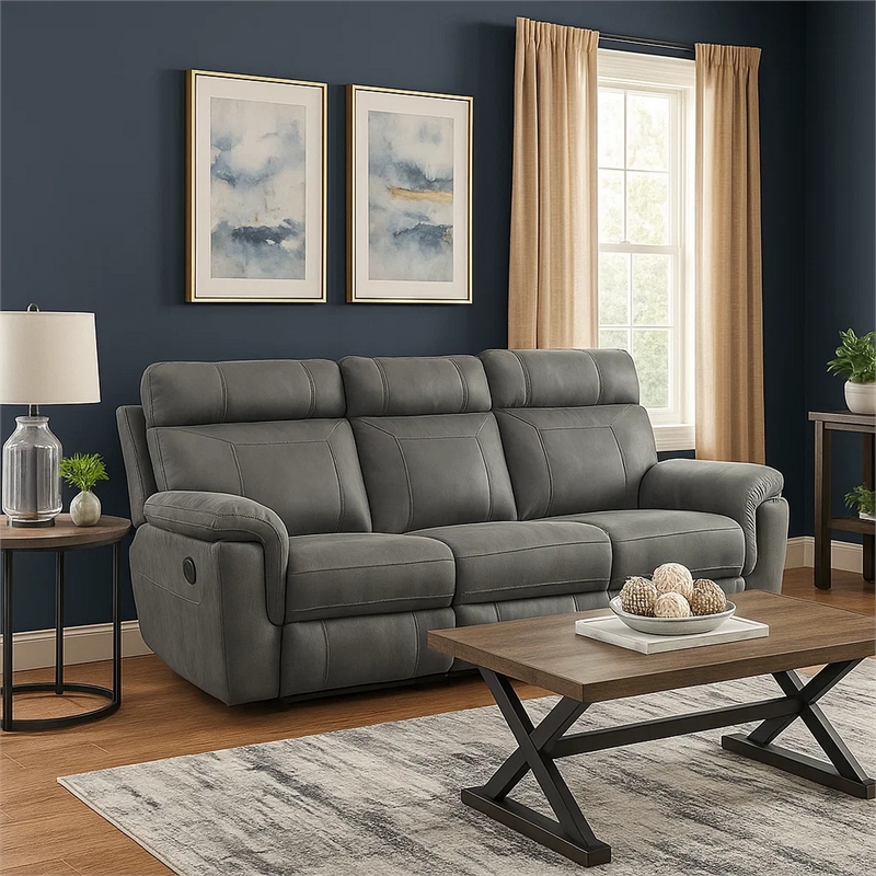 Cliff 84 Inch Manual Reclining Sofa- Gray Microfiber- Solid Wood- Metal
