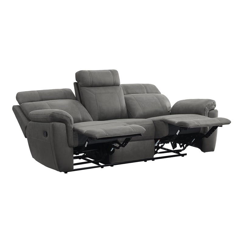 Cliff 84 Inch Manual Reclining Sofa- Gray Microfiber- Solid Wood- Metal