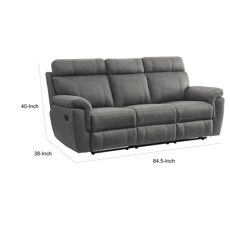 Cliff 84 Inch Manual Reclining Sofa- Gray Microfiber- Solid Wood- Metal