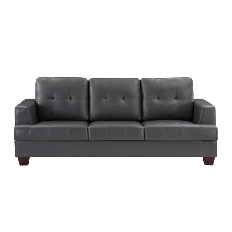 Sina 89 Inch Sofa- Button Tufted Gray Faux Leather- Dark Brown Solid Wood