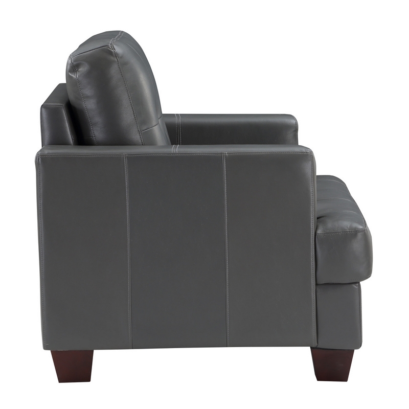 Sina 89 Inch Sofa- Button Tufted Gray Faux Leather- Dark Brown Solid Wood
