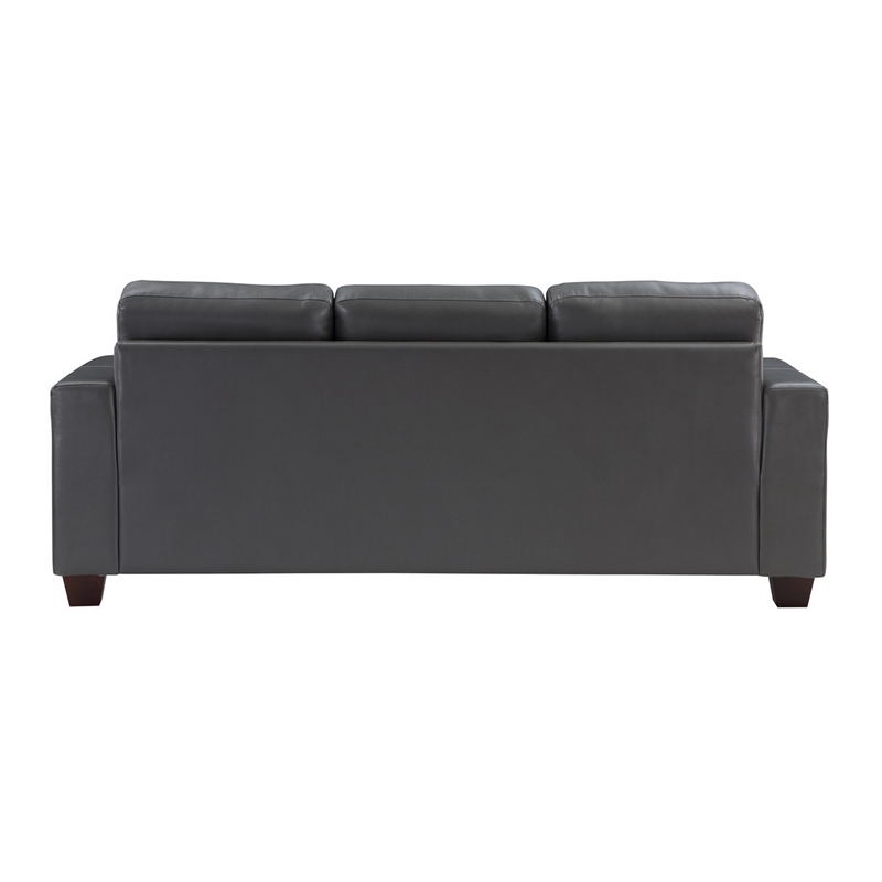 Sina 89 Inch Sofa- Button Tufted Gray Faux Leather- Dark Brown Solid Wood