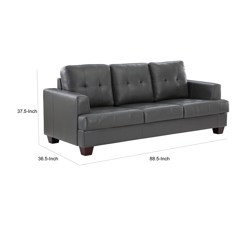 Sina 89 Inch Sofa- Button Tufted Gray Faux Leather- Dark Brown Solid Wood