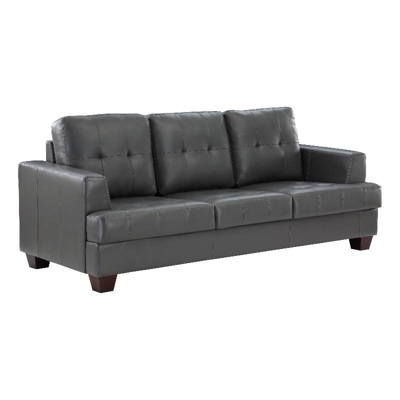Sina 89 Inch Sofa- Button Tufted Gray Faux Leather- Dark Brown Solid Wood