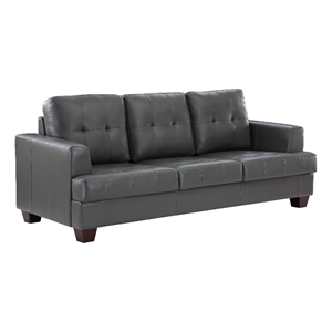 Sina 89 Inch Sofa- Button Tufted Gray Faux Leather- Dark Brown Solid Wood