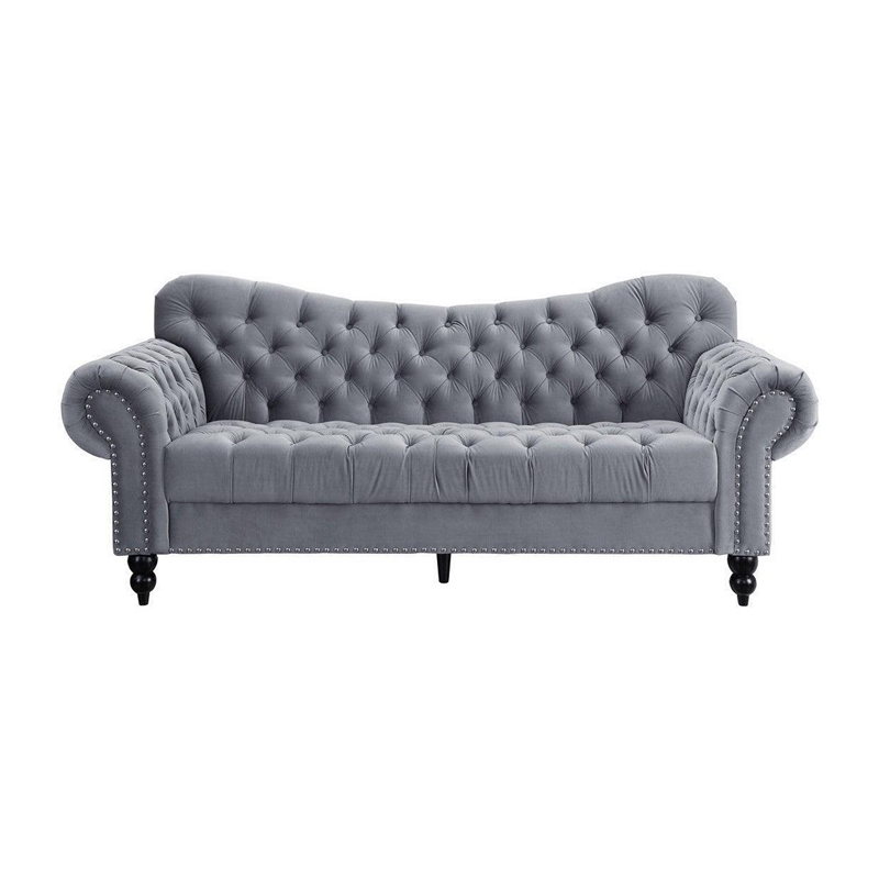 Rosie 84 Inch Sofa- Button Tufted Dark Gray Velvet- Brown Solid Wood