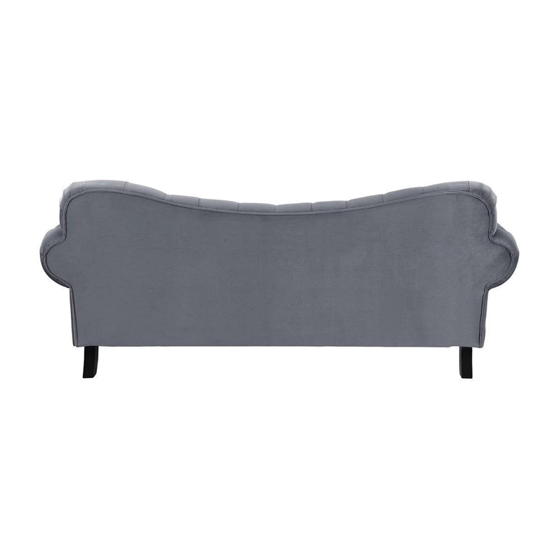 Rosie 84 Inch Sofa- Button Tufted Dark Gray Velvet- Brown Solid Wood