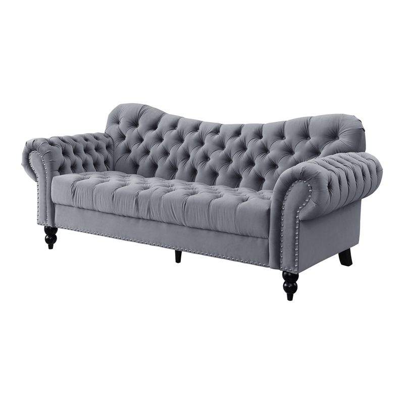Rosie 84 Inch Sofa- Button Tufted Dark Gray Velvet- Brown Solid Wood
