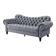 Rosie 84 Inch Sofa- Button Tufted Dark Gray Velvet- Brown Solid Wood