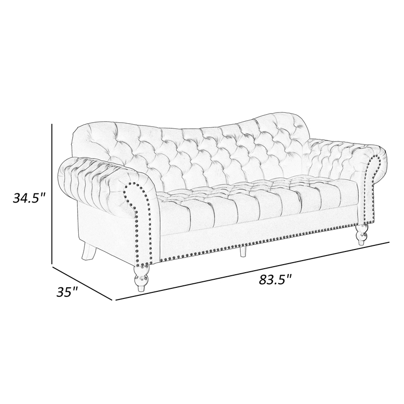 Rosie 84 Inch Sofa- Button Tufted Dark Gray Velvet- Brown Solid Wood